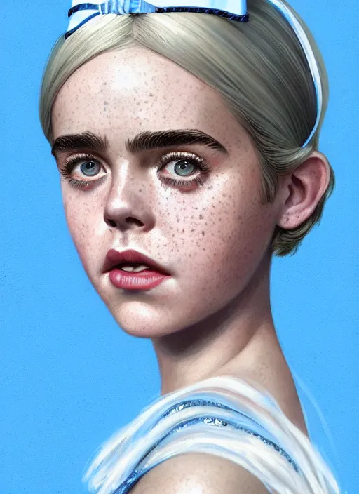 Image similar to portrait of kiernan shipka with freckles, white hair, big 1 9 6 0 s bob hairstyle with bangs and hairband, blue 1 9 6 0 s dress, intricate, elegant, glowing lights, highly detailed, digital painting, artstation, concept art, smooth, sharp focus, illustration, art by wlop, mars ravelo and greg rutkowski