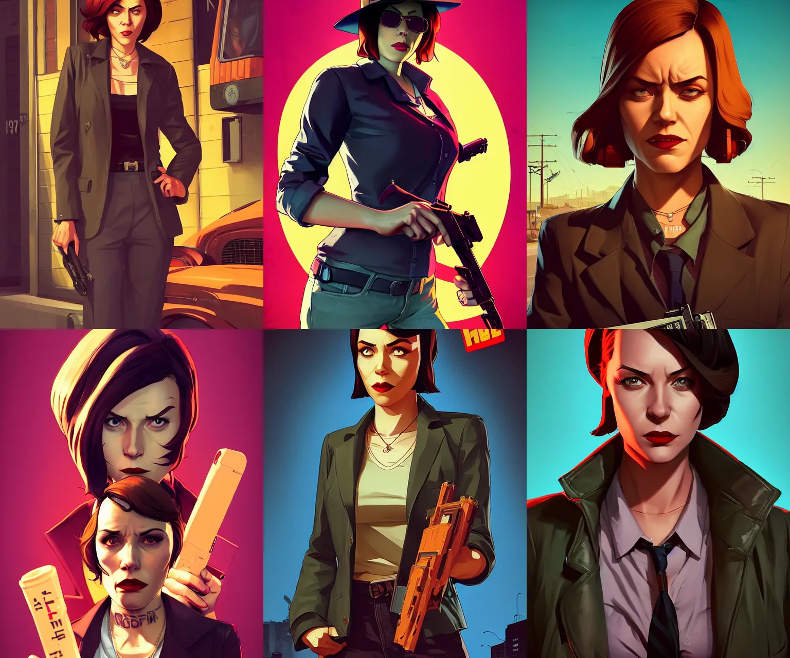 Prompt: portrait of a film - noir female detective, gta san andreas cover art, borderlands style, celshading, trending on artstation, by rhads, andreas rocha, rossdraws, makoto shinkai, laurie greasley, lois van baarle, ilya kuvshinov and greg rutkowski