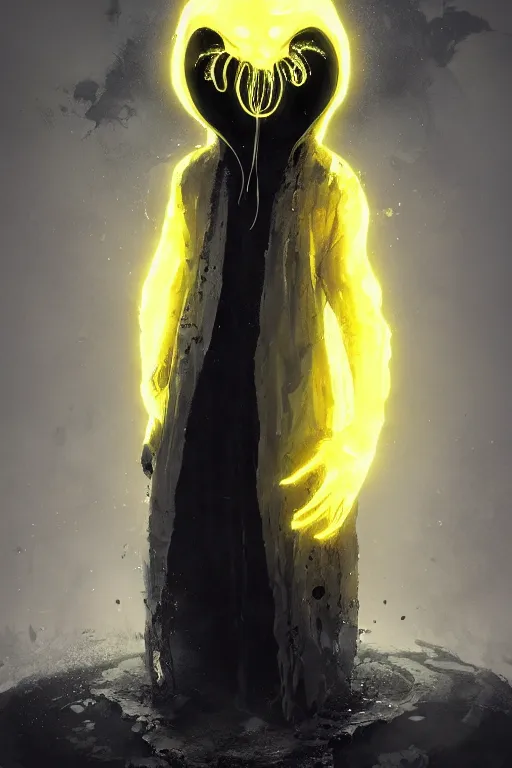 Image similar to A full body portrait of a mysterious character with no face with a very long hooded yellow cloak with black tentacles that have eyes coming out the bottom art by Maciej Kuciara and Jason Chan, ominous, cosmic horror, trending on artstation, Ultra detailed, hyper realistic 4k