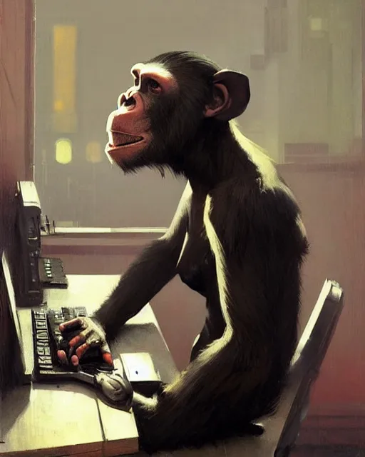 Prompt: cyberpunk chimpanzee cyborg at the computer. art by greg rutkowski, gustave courbet, rosa bonheur, edward hopper. faithfully depicted facial expression, perfect anatomy, sharp focus, global illumination, radiant light, detailed and intricate environment, trending on artstation