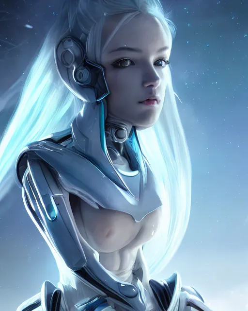 Image similar to perfect android girl on a mothership, warframe armor, beautiful face, scifi, futuristic, galaxy, nebula, raytracing, dreamy, long white hair, blue cyborg eyes, sharp focus, cinematic lighting, highly detailed, artstation, divine, by gauthier leblanc, kazuya takahashi, huifeng huang