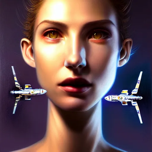 Image similar to portrait of the beautiful young robotic pilot of jets, surreal, fantasy, intricate, mechanical, elegant, dramatic lighting, emotionally evoking symbolic metaphor, highly detailed, gears, lifelike, photorealistic, digital painting, painterly, artstation, concept art, smooth, head in focus, sharp focus, background aerial battle, illustration, art by John Collier and Krenz Cushart and Artem Demura and Alphonse Mucha and Albert Aublet,