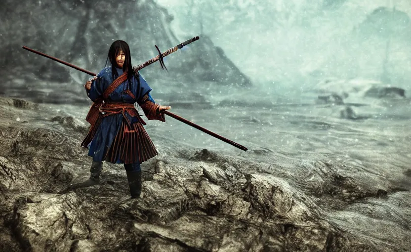 Image similar to highly detailed 3 d render of native japanese woman shinobi warrior standing in wet japanese battlefield from sengoku period, surrounded by dense rock formations, high in mountains, blue night, cinematic lighting, photobash, raytracing, high contrast