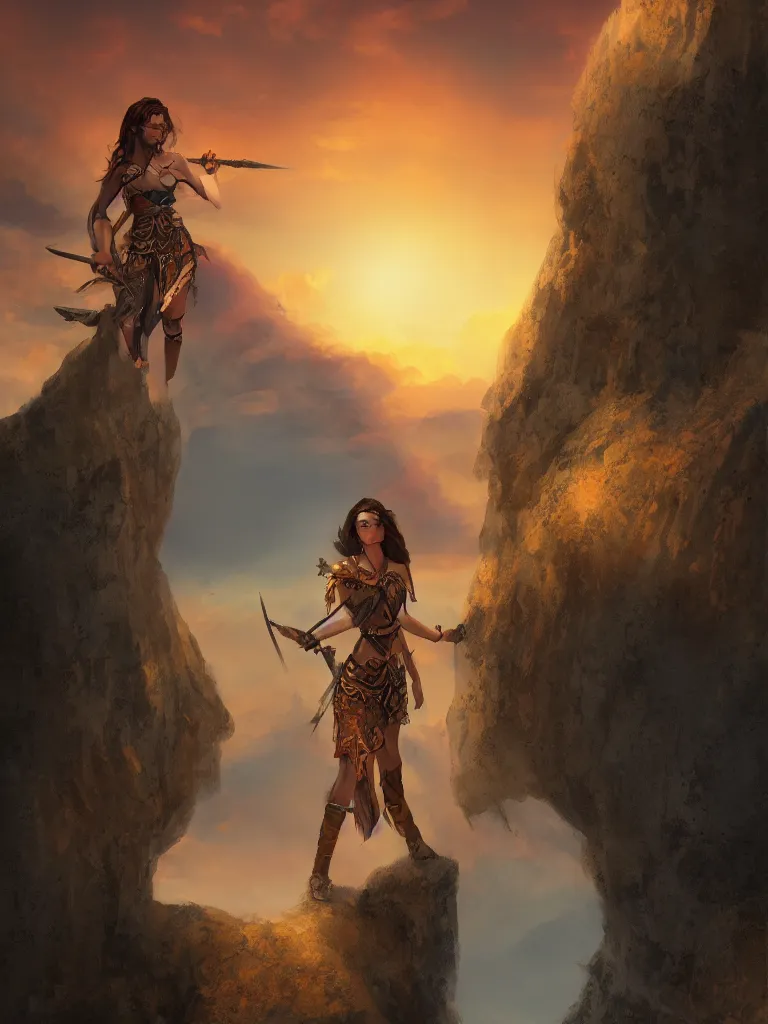 Prompt: an pretty warrior woman stands on a cliff facing the sun during a sunset, artistic composition, cinematic, highly detailed, sharp focus, intricate concept art, digital painting, colorful flat surreal design, hd, 8 k, artstation, ambient lighting