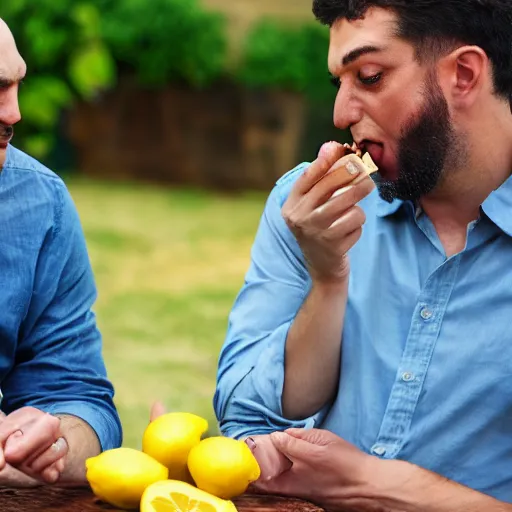 Prompt: two friends smoking cigars and arguing over a lemon, 4k