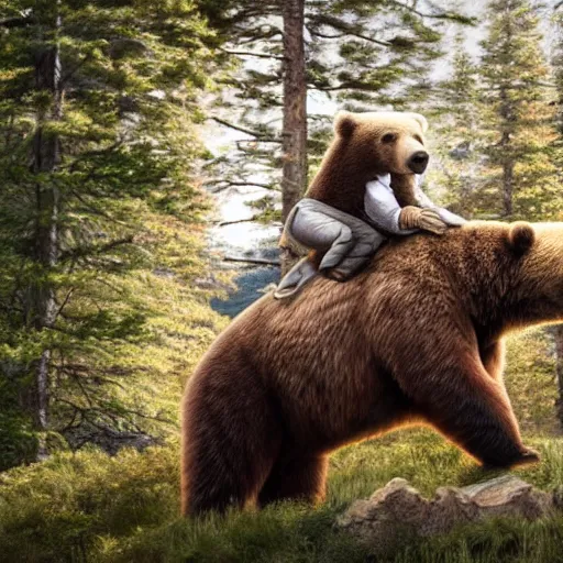 Image similar to a photo of bob ross riding on the back of a brown bear, outdoor, hyperrealistic, shutterstock contest winner, digital art, national geographic photo, stockphoto, majestic