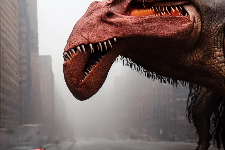 Image similar to close up portrait of a tyrannosaurus walking in a smoky street of new york, photograph, natural light, sharp, detailed face, magazine, press, photo, steve mccurry, david lazar, canon, nikon, focus