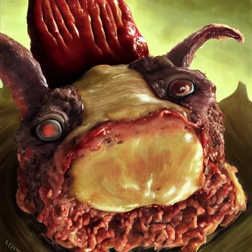 Image similar to big chungus big eyes wide open, horrific sentient meatloaf, holding meatloaf, sloppy, gross, meatloaf, hyper realistic, terrifying, disturbing, strange, bizarre, masterpiece, meatloaf is everywhere, ground beef bloody, liquid, 4 k, vivid colors, elegant, highly detailed, john park, frazetta, john howe, ruan jia, jeffrey catherine jones