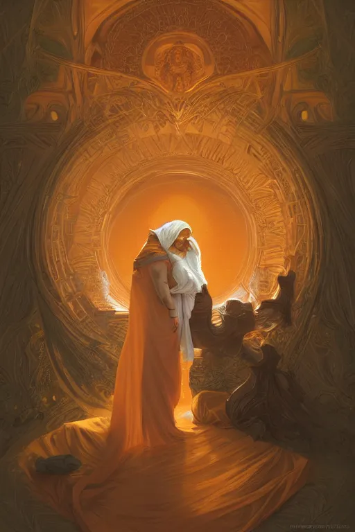 Image similar to portrait of tinfoil hat man in orange t - shirt hugging from behind his wife in a bed, feelings, romantic, fantasy, intricate, elegant, highly detailed, digital painting, artstation, concept art, smooth, sharp focus, illustration, art by artgerm and greg rutkowski and alphonse mucha