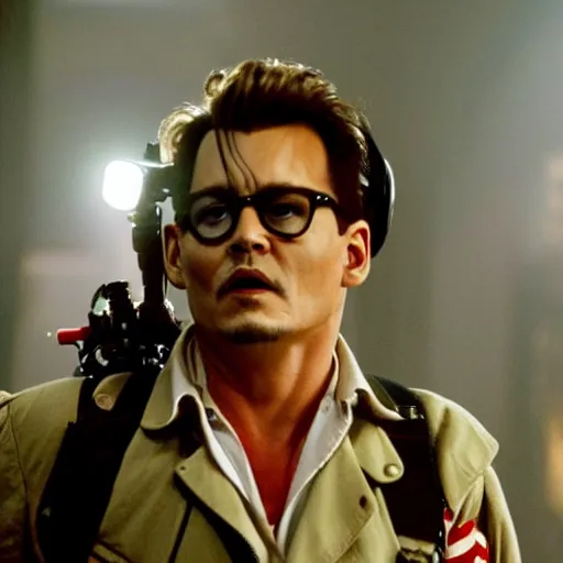 Image similar to stunning awe inspiring johnny depp as a ghostbuster in the movie ghostbusters, highly detailed face, movie still 8 k hdr atmospheric lighting