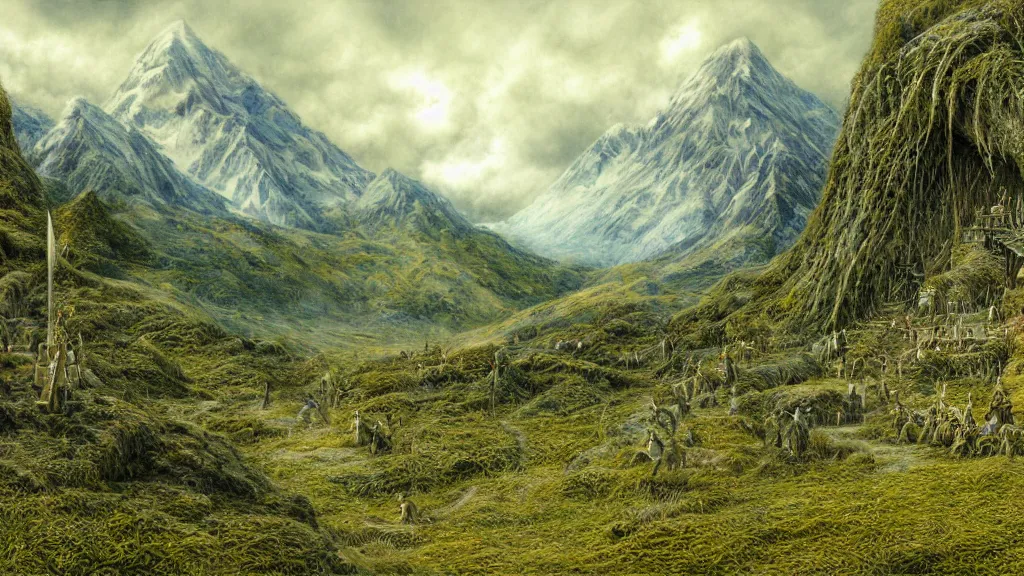 Prompt: lord of the rings scenery, by alan lee, intricate, lord of the rings calendar, smooth, detailed terrain, oil painting, high detail, trending artstation, concept art, matte painting