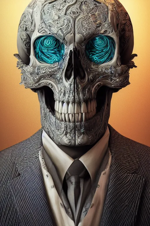 Image similar to portrait of a skull in a suit, intricate, abstract, intricate artwork, nightmare fuel by tooth wu wlop beeple dan mumford, octane render