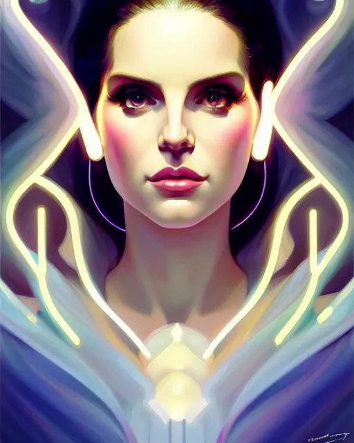 Image similar to symmetry portrait of lana del rey, glam, deco, glowing lights intricate, elegant, highly detailed, digital painting, artstation, concept art, smooth, sharp focus, illustration, art by artgerm and greg rutkowski and fra angelico and alphonse mucha