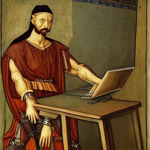 Image similar to attila the hun using imac desktop pc to send emails but is getting visibly annoyed at technology da vinci style painting