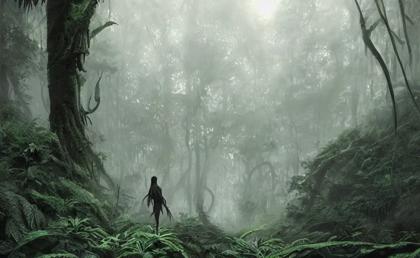 Prompt: dark dense jungle, soft grey and green natural light, intricate, digital painting, artstation, concept art, smooth, sharp focus, illustration, art by greg rutkowski and luis rollo and uang guangjian and gil elvgren, symmetry!