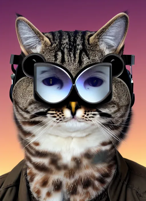 Prompt: a cat owl hybrid digital art wearing aviator goggles and jacket