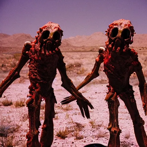 Image similar to in the desert a bloody horrifying The Thing creature made of muscle and bone and blood, mid day, 35mm photography, realistic,