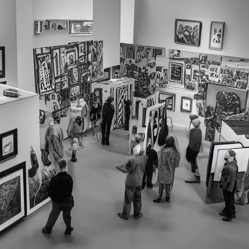 Prompt: isometric view of an exhibition with work of art by jimmie durham, offset photography, black and white