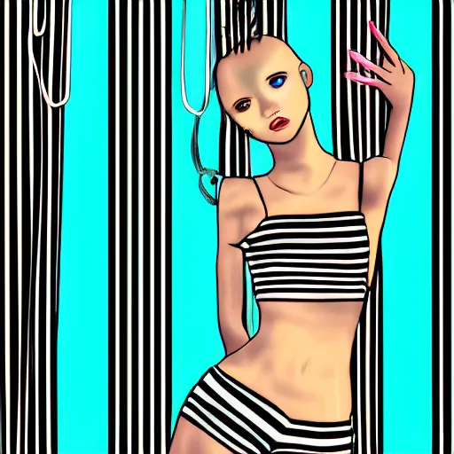 Prompt: adorable summerpunk girl, flashy modern vibrant background with black stripes, digital art