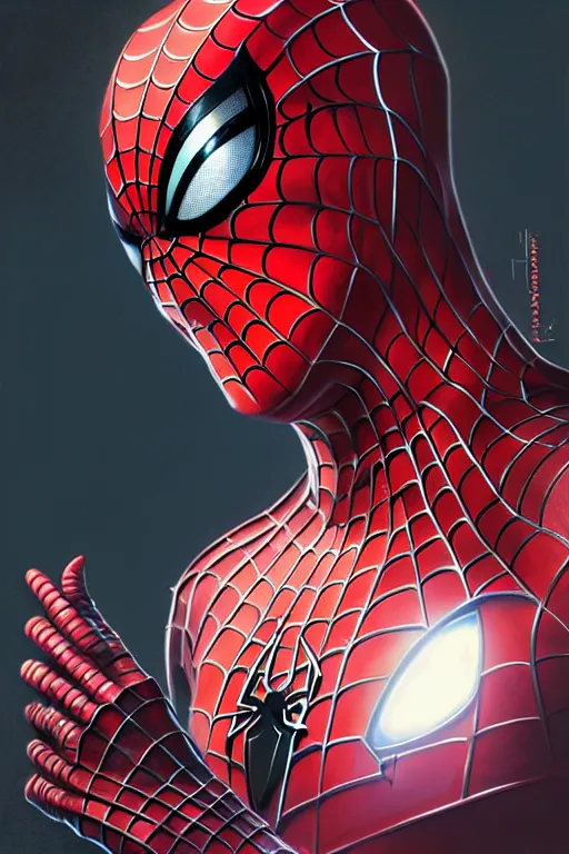 Image similar to elon musk in spider man suit, marvel character, realistic portrait, symmetrical, highly detailed, digital painting, artstation, concept art, smooth, sharp focus, illustration, cinematic lighting, art by artgerm and greg rutkowski and alphonse mucha