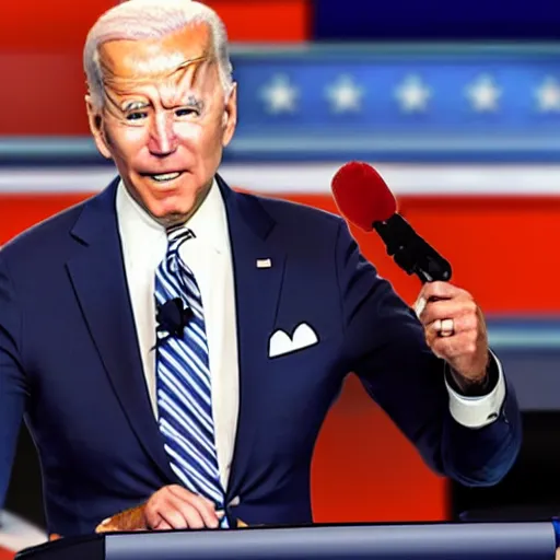 Image similar to joe biden accidentally uses a hot dog as a microphone at presidential debate