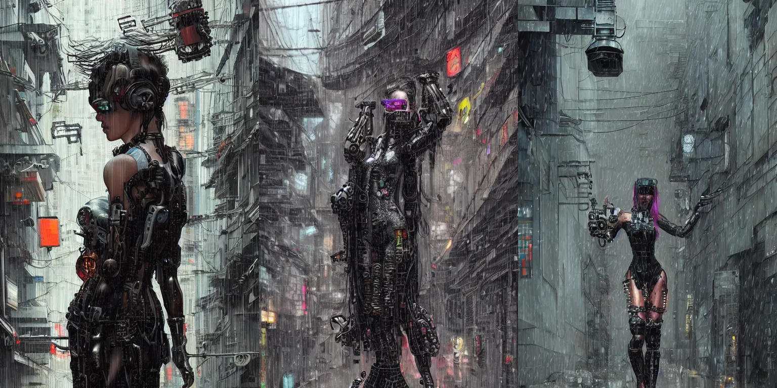 Prompt: cyberpunk woman with a mechanical arm, raining, in an alley, intricate artwork ,by WLOP and Kim Jung Gi