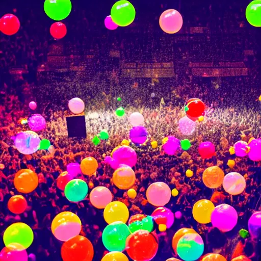 Image similar to concert photography where fans are all in plastic bubbles hyper realistic colorful light