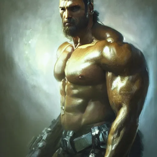 Prompt: handsome portrait of a spartan guy bodybuilder posing, radiant light, caustics, war hero, metal gear solid, steel bull run, vibrant, by gaston bussiere, bayard wu, greg rutkowski, giger, maxim verehin