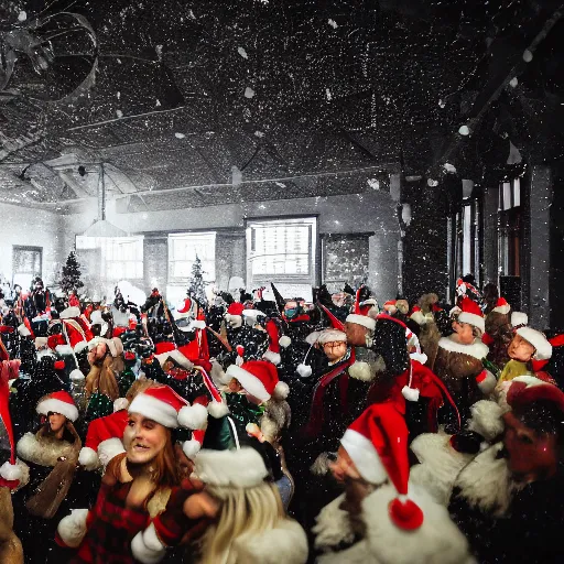 Image similar to a gymnasium party full of lit Christmas trees, Victorian theme, snow coming through windows