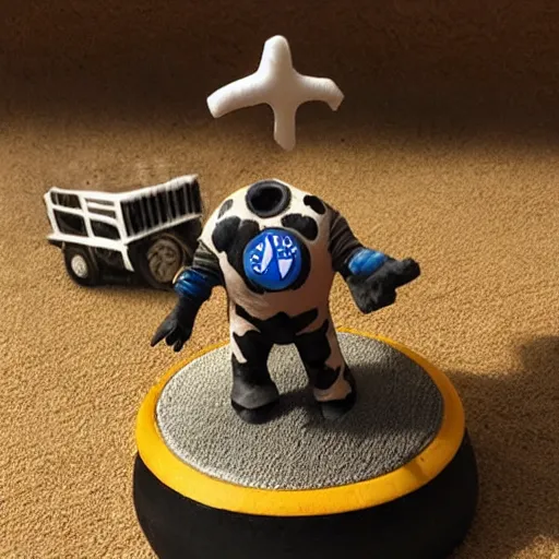 Image similar to Cow wearing a car tire, painted wargaming miniature