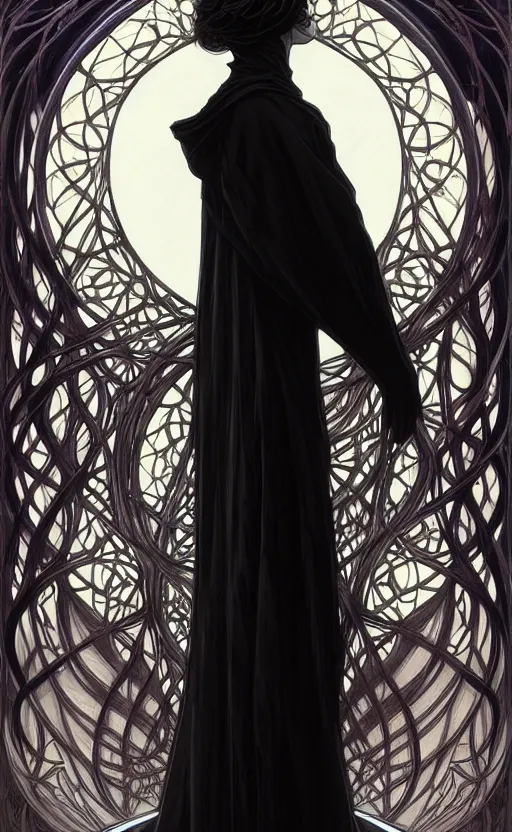 Prompt: Faceless creature wearing a black robe, it's face has been replaced by a fractal singularity of shifting patterns. fantasy, highly detailed, digital painting, artstation, concept art, smooth, sharp focus, illustration, art by artgerm and greg rutkowski and alphonse mucha