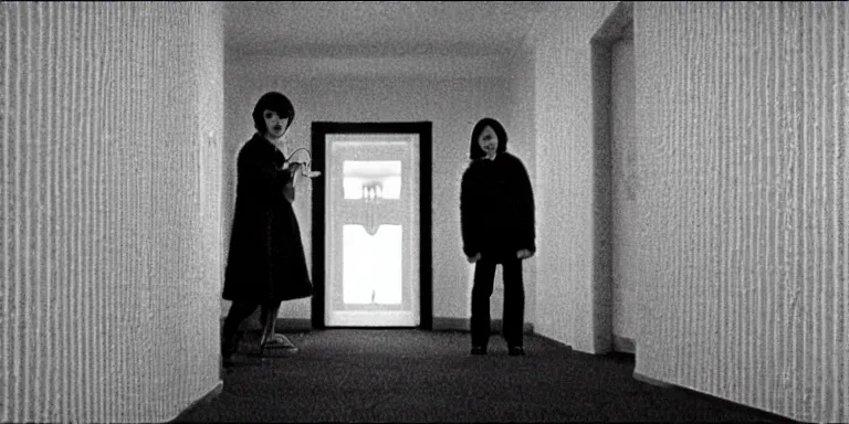 Image similar to photorealistic ultra wide cinematography of danny and wendy torrance from stanley kubrick's 1 9 8 0 film the shining, walking inside and navigating through the hedge labyrinth outside overlook hotel shot on 3 5 mm eastman 5 2 4 7 film by the shining cinematographer john alcott shot on a wide kinoptik tegea 9. 8 mm lens. with golden ratio composition