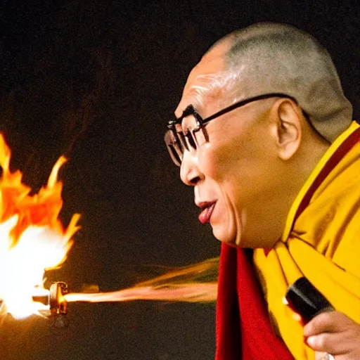Prompt: dalai lama aggressively firing a flamethrower into the air
