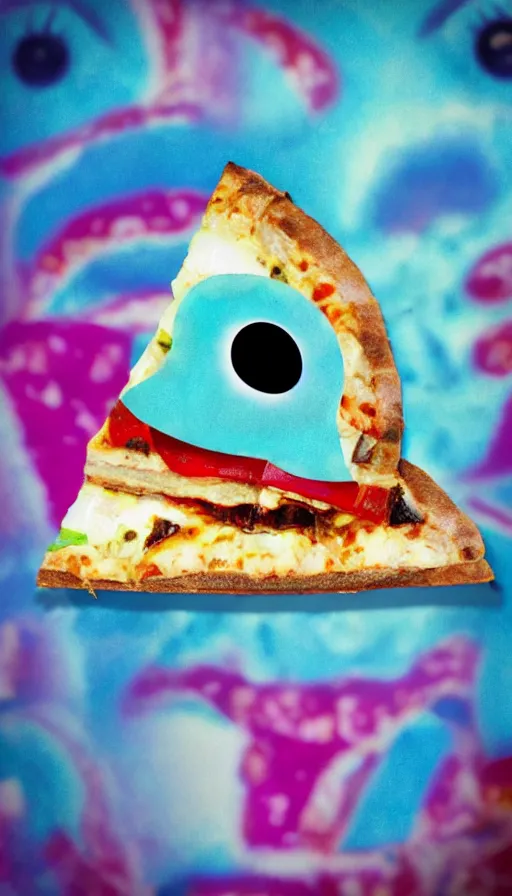 Image similar to a french slice of pizza with a toothy grin and big blue eyes, cartoonish, photorealistic, 4 k, polaroid, surreal, vaporwave