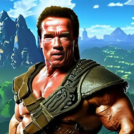 Prompt: Arnold Schwarzenegger in The Legend of Zelda Breath of the Wild