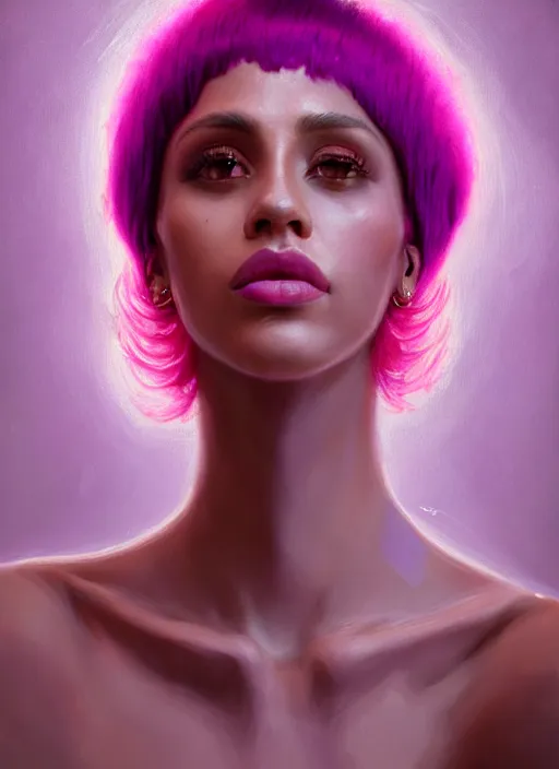 Image similar to portrait of vanessa morgan with bright pink hair, curly pixie cut hair, wearing a purple breton cap, breton cap, hoop earrings, intricate, elegant, glowing lights, highly detailed, digital painting, artstation, concept art, smooth, sharp focus, illustration, art by wlop, mars ravelo and greg rutkowski