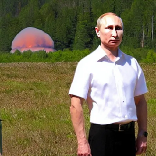 Image similar to putin standing next to nuclear explosion