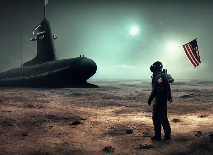 Image similar to astronaut holding a flag in an underwater desert. a submarine is visible in the distance. dark, concept art, cinematic, dramatic, atmospheric, 8 k, trending on artstation, blue, fish, low visibility, fog, ocean floor, christopher nolan, interstellar