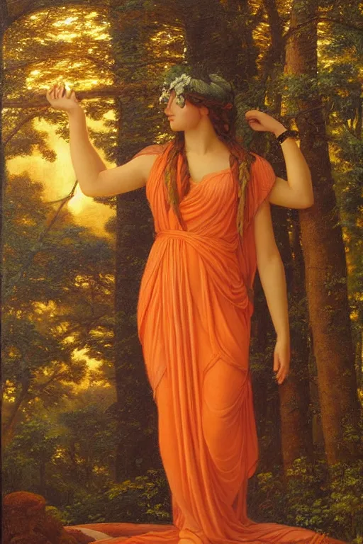 Prompt: beautiful oil painting of the goddess Artemis, forest, symmetrical face, magical, Greek myth, orange mist, sunset, toga, by John William Godward and Anna Dittman, masterpiece