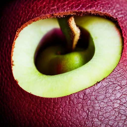 Image similar to an apple with the texture and color of leather, close up, award winning digital photography