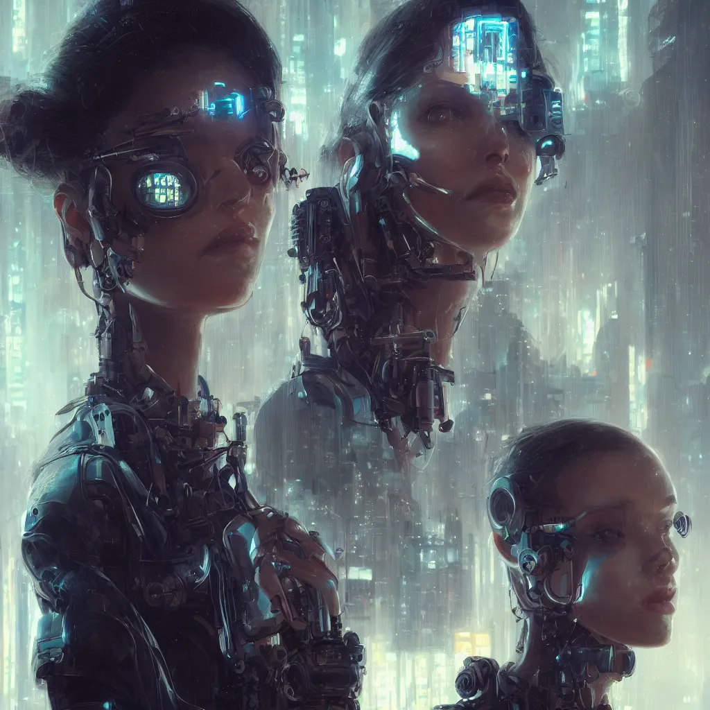 Prompt: portrait of a cyberpunk beautiful young woman by Greg Rutkowski, biomechanical,highly full size detailed portrait, futuristic,digital engine, cinematic, luminous,8k,Blade Runner background, vapor