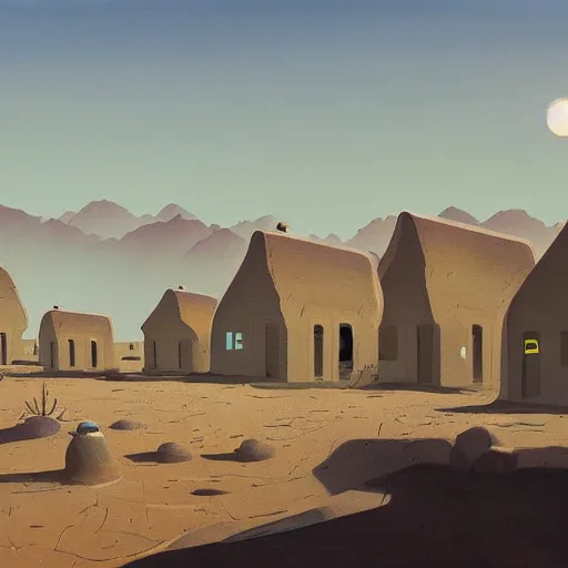 Image similar to a beautiful painting of a village in the desert, white houses, two suns, by simon stalenhag