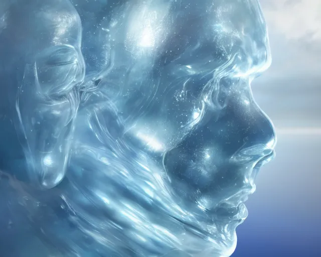 Image similar to a giant sculpture on the surface of the ocean of a human head in space, hyper - realistic, very detailed, realistic water, ray tracing, 8 k resolution, long - shot, sharp focus, low angle, 8 5 mm photograph, wide lens