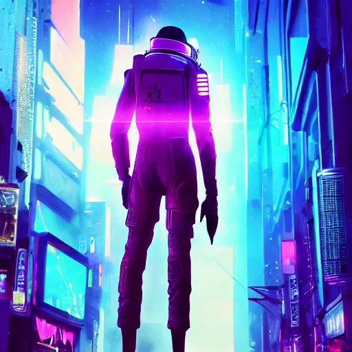 Image similar to professional photo of astronaut on cyberpunk street, synthwave, blade runner 2 0 4 9, hyperrealistic masterpiece, trending on artstation, cgsociety, kodakchrome, golden ratio, cinematic, composition, beautiful lighting, hyper detailed, sharp focus, octane render, 4 k, unreal engine