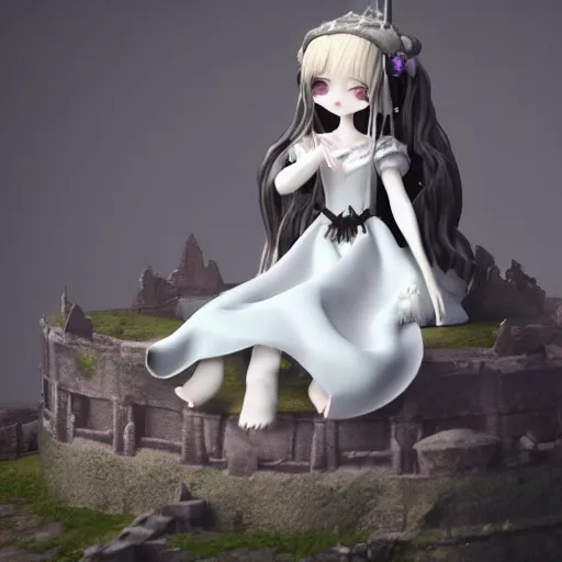 Image similar to cute fumo plush of a princess girl in a tower on a tiny island which she lays sole claim to, selfish empress of the abyss, tempestuous waters, wisps of volumetric smoke and fog, gothic maiden in tattered white dress, vignette, vray