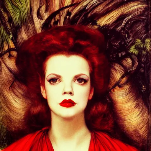 Prompt: portrait of a hybrid of judy garland and lady gaga, brown fringe, full lips, large downslanted eyes, holman hunt, john william waterhouse, kilian eng, rosetti, john everett millais, william holman hunt, 4 k