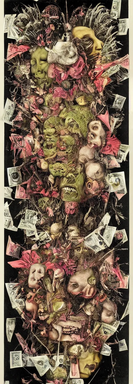 Image similar to post - punk new age album cover, asymmetrical design, dollar bank notes, capitalism, magic, apocalypse, psychedelic, black white pink, magic, giger h. r., giuseppe arcimboldo