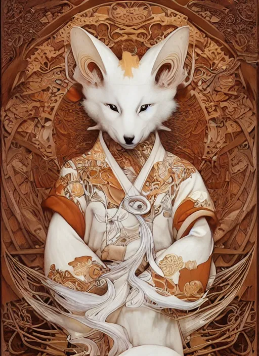 Image similar to white kitsune in autumn color kimono, wooden art nouveau swirls, subsurface scattering, by jesper ejsing, justin gerard, tomasz alen kopera, cgsociety and fenghua zhong, highly detailed, rim light, cinematic lighting, illustration, art, octane render, very coherent, cinematic, hyper realism, high detail, octane render, 8 k