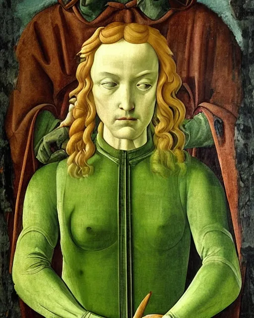 Image similar to stunning renaissance fresco of a green sad devil, masterpiece, artstation, by Sandro Botticelli, by Sofonisba Anguissola