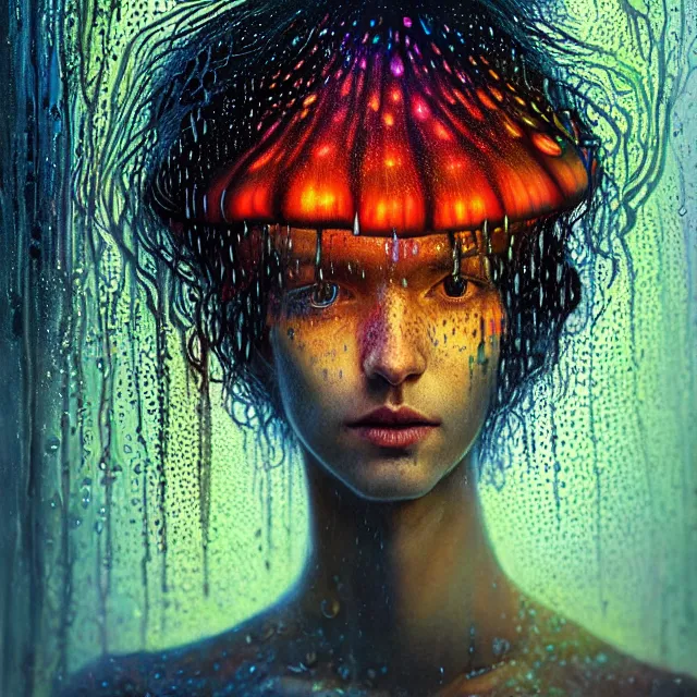 Image similar to bright portrait surrounded by psychedelic mushrooms with rain on face and wet hair, diffuse overhead lighting, fantasy, intricate, elegant, dramatic lighting, highly detailed, lifelike, photorealistic, digital painting, artstation, illustration, concept art, smooth, sharp focus, art by John Collier and Albert Aublet and Krenz Cushart and Artem Demura and Alphonse Mucha